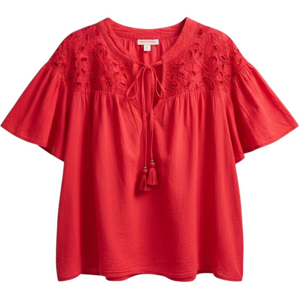 Knox Rose Red Eyelet Embroidered Boho Tassel Tie Blouse XXL Short Sleeve Top